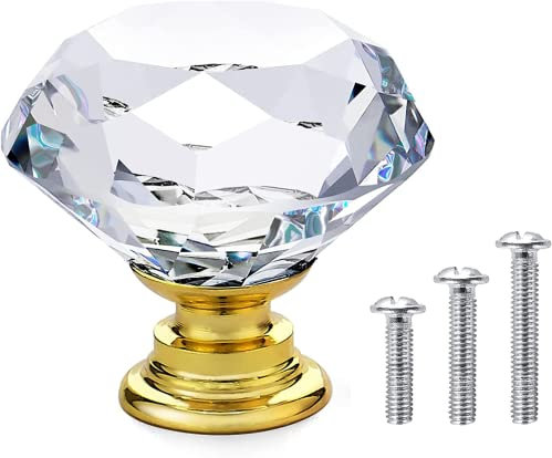 Vandicka 20 Piezas Pomos y Tiradores de Cristal para Cajones, Armarios, Puertas, Armarios de Cocina, Aparadores, Diamante Transparente + Base Dorada, 30 x 28 mm, con Tornillos de 3 Tamaños