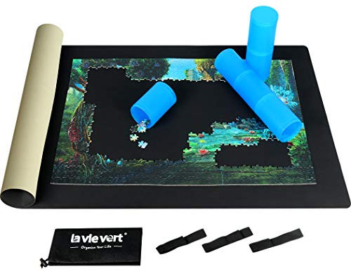 Lavievert 2mm Thick Neoprene Double-Sided Black & Khaki Jigsaw Puzzle Roll Mat Puzzle Storage Saver with Nonwoven Storage Bag & Plastic Cylinder, for up to 1500 pcs
