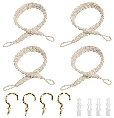 Sweieoni Vorhang Zugband 4 Stück Curtain Rope Buckle Vorhang Raffhalter Geflochtene Window Curtain Raffhalter Dekorative Vorhänge mit Vorhang Haken für Wohnzimmer Schlafzimmer Cafe(Beige)