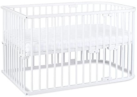 babybay Maxi extra großes Beistellbett aus massivem Buchenholz/Kinderbett Höhe stufenlos verstellbar & umweltfreundlich/Kinderbettset (weiß lackiert)