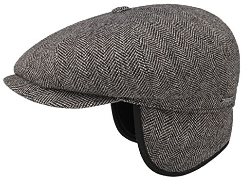 Stetson Hatteras Classic Ear Flaps Flatcap - Schirmmütze aus 100% Wolle - Fischgrätmuster - Wollcap mit Ohrenschutz - Made in The EU - Herren - Herbst/Winter Dunkelbraun 59 cm