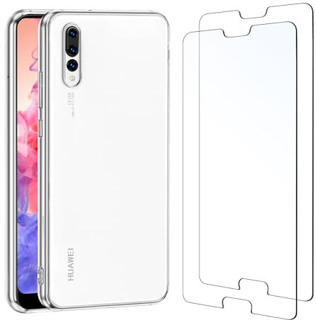 NEW'C Cover per Huawei P20 Pro Gel TPU in silicone custodia ultra trasparente e 2 × vetro temperato per Huawei P20 Pro, Pellicola proteggi schermo