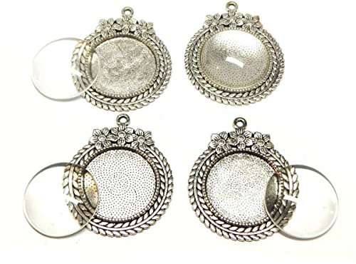Perlin 4 Set Medaillons Metall Anhänger Blume Fassungen Charm und 25mm Rund Klar Glas Cabochon, Silber Fassung Rahmen Super Optik Bastelset