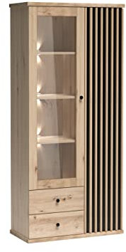 Vitrine Weren WE02, Standvitrine mit 2 Schubladen und 2 Türen, gedämpftem Schließsystem, Vitrineschrank, Glasvitrine für Wohnzimmer (mit weißer LED Beleuchtung, Artisan/Schwarz + Artisan Lamellen)