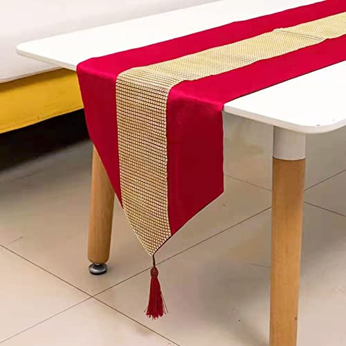 Deggodech Rot Tischläufer mit Quaste 32 x 210 cm Lang Modern Glitter Tischläufer Gold Diamant Table Runner für Küchentisch, Kaffeetisch, Kommode,Weinschrank Dekoration (210cm, Rot)
