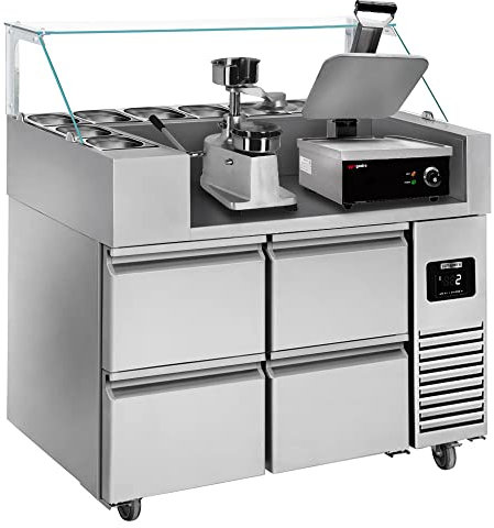 GGM Gastro | ZBF127DN#KGJ12#HM#2SBF | Zubereitungstisch - 1210mm - 4 Schubladen - für 9x GN 1/6 - inkl. Kontaktgrill & Hamburgermaschine