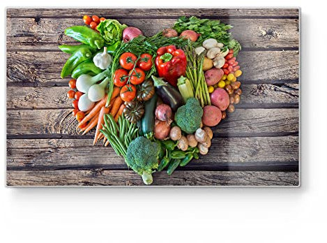 DEQORI Frühstücksbrett Glas | klein 23x14 cm | Motiv Vegetarisches Herz | Design Schneidebrett für Küche | Frühstücksbrettchen antibakteriell & rutschfest | Glasplatte & Servierplatte
