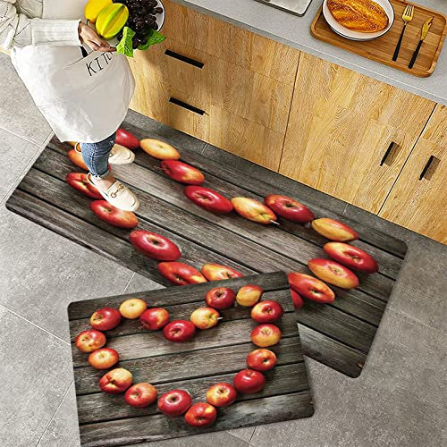 Küchenteppich Teppich Läufer Küchenläufer 2 Stück rutschfest,Modernes, rustikales Home-Cafe-Dekor Holzoberfläche Frische Äpfel Bildkunst Gemüse Obst De, Waschbar für Flur Küche 40 x 100 cm+40 x 60 cm