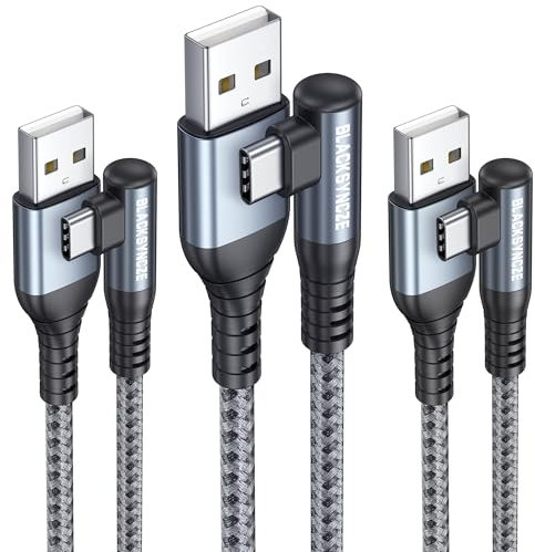 BLACKSYNCZE USB C Kabel 3.1A Schnellladung, [3 Stück 1M+1M+2M] Ladekabel USB C 90 Grad Winkel Nylon Geflochtenes USB Typ C Kabel für Samsung S23 S22 S21 S20fe S10 S9, Huawei P40 P30, Pixel 7, Grau