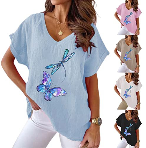 KCatsy Women Plus Size Gradient Dragonfly Butterfly Print Pattern Graphic Cotton Linen V-Neck Batwing Loose Summer Top Plain Short Sleeve T-Shirt Blouse M 10 E Butterfly Blue
