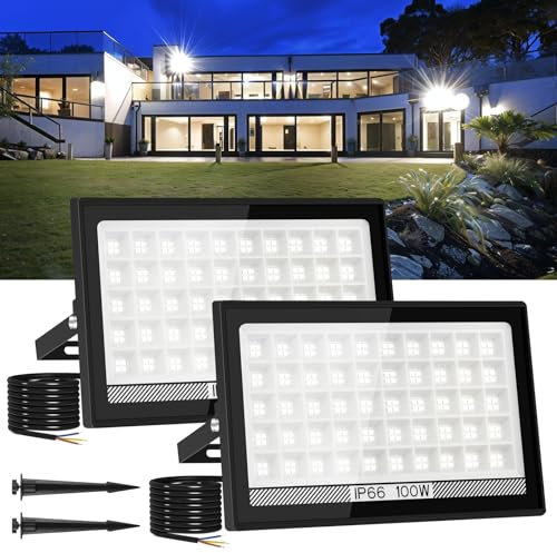 T-SUNUS LED Strahler Außen 100W, Superhell Fluter Außenstrahler Kaltweiß Scheinwerfer IP66 Wasserdicht 11000LM für Auffahrt Garage Flur Garten 2 Stück