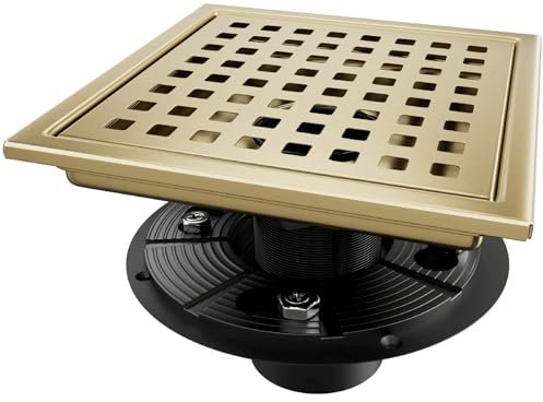 Elefloom Square Shower Drain Gold Brushed 6 inch with Removable Grid Panel