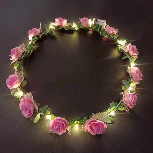 Danolt 10pcs LED Haarschmuck, Led Blumenkranz Haare, Festival Accessoires Geschenke für Frauen, Haarschmuck Oktoberfest Deko Haarkranz Leuchtend Haarreif Led (Rosa)