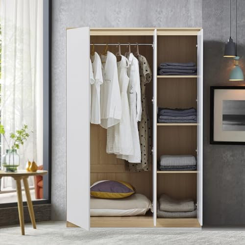 [en.casa] Kleiderschrank Bastheim Schrank mit 3 Türen Garderobenschrank 176 x 120 x 52 cm Schlafzimmerschrank mit 1 Kleiderstange und 4 Fächern Eicheoptik/Weiß