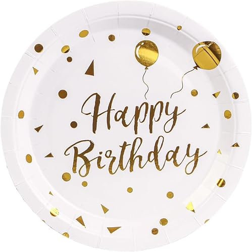 EVYIENEN 50PCS Happy Birthday Party Paper Plates,7inch Disposable White and Gold Plates Set,Party Tableware Party Supplies for Birthday Decorations (White and Gold, 9inch)