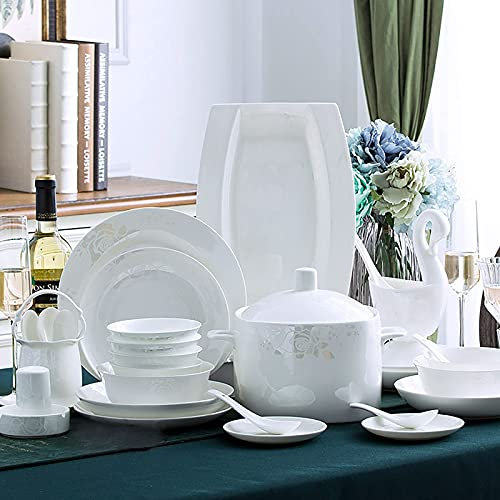 50 Pieces Dinner Set, White Bone China Porcelain Kitchen Dinnerware Combi-Set with Cereal Bowl Dessert Plate Soup Plate Fish Plate Dishes and Soup Pot Service for 10