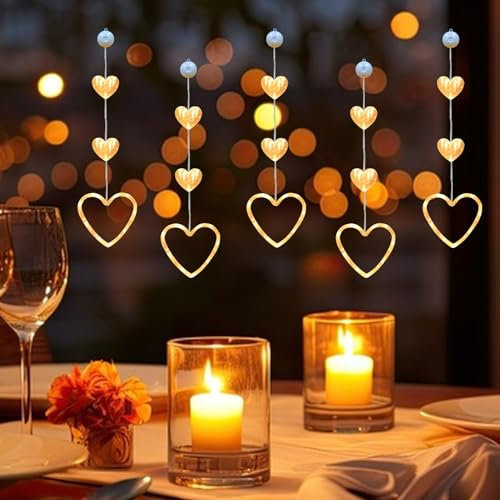 ACAREY LED Lichterkette 5 Stück Herz Valentinstag Deko Fenster Lichterkette, LED Valentinstag Fenster Beleuchtung Herz Fenster Lichterkette Batteriebetriebene Mit Saugnäpfe, Warmweiß Stern Innen Deko