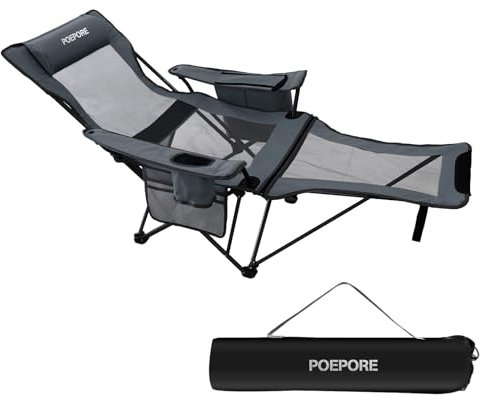 POEPORE Campingstuhl Faltbar mit Fußstütze 4-Fach Campingstühle Strandstuhl Liegestuhl für Erwachsene 120kg Verstellbarer Klappbarer Angelstuhl mit Kühltasche Kissen Getränkehalter Grau