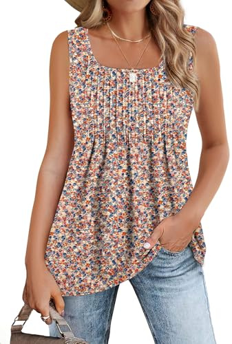 Zeagoo Women's Square Neck Sleeveless Tank Tops Fashion Loose Summer Floral Blouse Flowy Pleated Bohemian Tunic