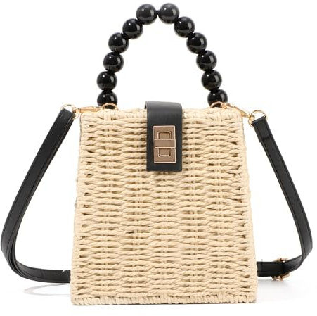 Syrads Bolso de hombro de paja tejida a mano para mujer Asas de playa de verano Bolso de mano,Beige