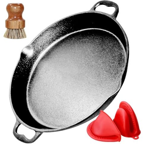 Poêle à paella en fonte pré-saison 35 cm avec deux poignées pour barbecue à gaz, induction, four, grills – 1 brosse PC, 2 poignées en silicone