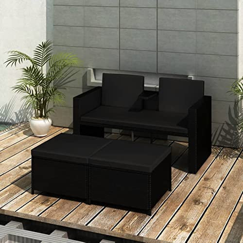Rantry 3-TLG. Gartenmöbel Set mit Auflagen Gartenlounge Sofa mit 2 Hocker Gartensofa Sitzgruppe Möbel Gartenmöbel Garnitur Balkonmöbel Sitzgruppe Möbel für Balkon, Garten Poly Rattan Schwarz