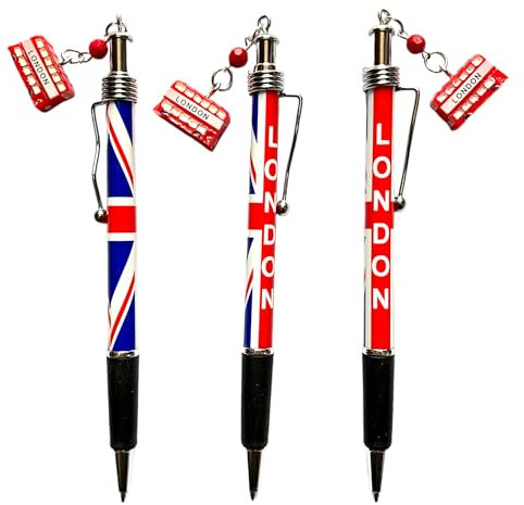 Bells Box Penna con ciondolo con punti di riferimento di Londra: penne Union Jack con autobus di Londra, cabina telefonica e ciondoli del Big Ben (set di 3) (3 ciondoli dell'autobus)