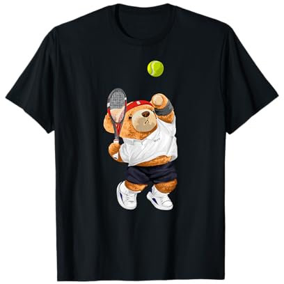 Cool Teddy Bear Playing Tennis Illustration Graphic Designs T-Shirt
