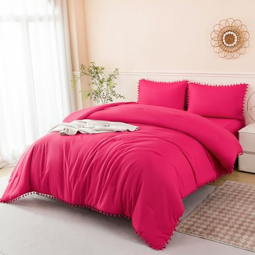PERFEMET Bettwäsche-Set in Hot Pink, 5-teiliges Bett in einer Tasche, Boho-Pom-Pom-Bettwäsche-Set mit Laken, weich, flauschig, einfarbig, für Mädchen, Kinder, Damen (Hot Pink, Full)