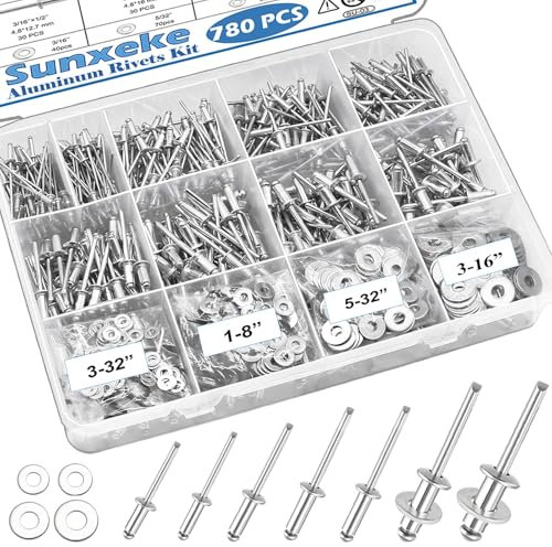 Sunxeke 780pcs 14 Sizes Pop Rivets Aluminum Rivets with Washer Assortment Kit (3/32 1/8 5/32 3/16 1/4), Assorted Blind Rivets for Assembling RV, Furniture and Plastic Frame Windows.