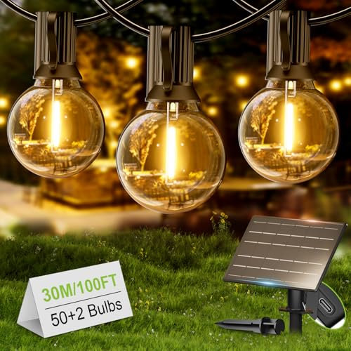 Yuusei Guirlande Solaire Exterieur 30M, IP65 étanche Guirlande Lumineuse Exterieure, avec 50+2 LED G40 Guirlande Guinguette | 4 Modes Lumiere Solaire Exterieur pour Jardin, Terrasse, Balcon, Camping
