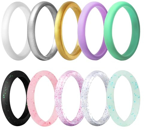 Uwiyo 10 Pack Silicone Wedding Rings for Women, 2.7mm Breathable Designed Silicone Wedding Ring Rubber Band Ring Thin Wedding Bands, Colorful, Comfortable fit, Skin Safe (Mix Color, 6)