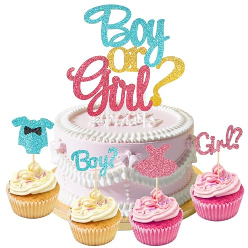 JJUNW 13 Stück Boy or Girl Tortendeko Cake Topper, Glitzer Kuchendeko Boy or Girl Gender Reveal Party Kuchen Torten Dekoration für Baby Shower Kindergeburtstagtoppers Glitter Blau und Rosa