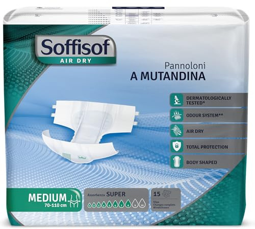 Soffisof Air Dry Windeln für Erwachsene Super M - Inkontinenz Slip - Einzelpackung mit 15 Windelhosen, 8 Tropfen - Inkontinenzwindeln