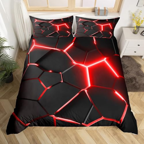 Loussiesd Geometrie Bettwäsche-Set 3D Effekt Hexagonal Wabe Drucken Bettwäsche 135 x 200 cm mit Kopfkissenbezug 80 x 80 cm, Geometrisch Bienenwabe Bettbezug für Jugendliche 2 teilig, Rot Schwarz