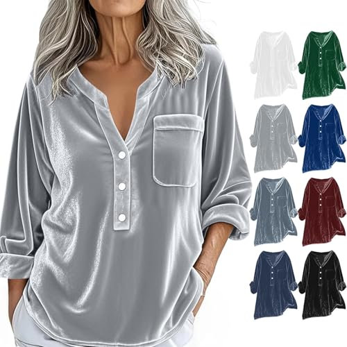 Felpa da donna lunga con scollo a V, senza cappuccio, in velluto dorato, a maniche lunghe, con bottone e tasca alti, per tutti i giorni, top casual e casual, tunica calda felpe, Grigio scuro., XXXL