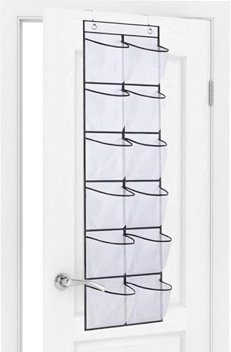 BONAVCY Over the Door Shoe Storage, Hanging Shoe Rack with 12 Mesh Pockets | White, Oxford Fabric Material, 12 Large Pockets, 2 Hooks, Breathable, Space Saving, Back of Door Shoe Storage