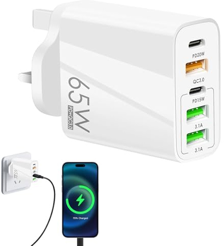 65W 5-Port USB Fast Charger,USB Plug Charger,65W Fast Charging,Wall Plug Multi Fast Charging Plug for Iphone/Samsung/Huawei/Tablet,Multi-Port Quick Charge Adapter (White)