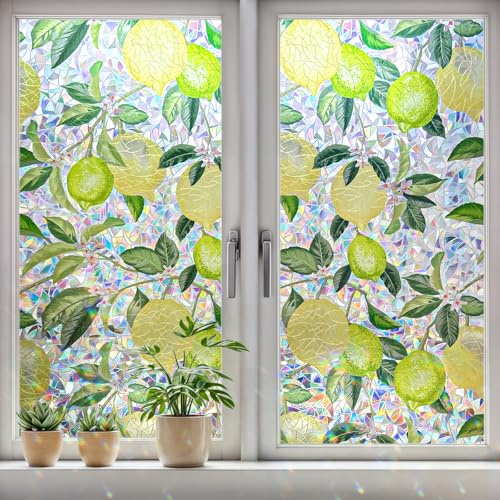 DARUITE Fensterfolie Blickdicht Regenbogen Zitronenbaum Muster Sichtschutzfolie Elektrostatische Nicht Klebende UV-beständige Sichtschutzfolie Fenster Für Home, Office 60 x 200cm