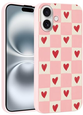 Foonary Check Heart Print Phone Case for iPhone 16 6.1, Cute Fashion Pattern Aesthetic Trendy Stylish Design Women Girly Cover Camera Protective Slim Silicone Shockproof