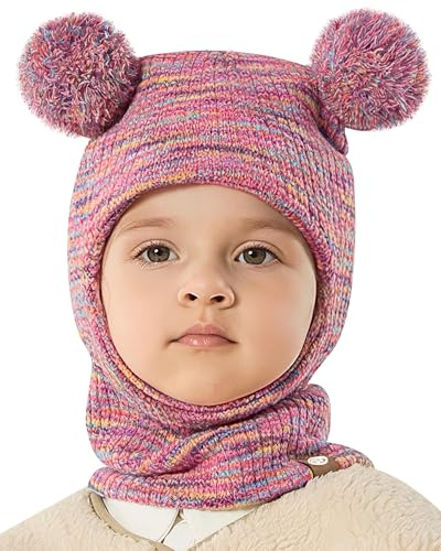 KAKU NANU Kinder Balaclava Schlupfmütze mit 2 Bommeln-Warme Strickmütze für Jungen & Mädchen (2-8 Jahre)-8 Farben:Rot,Blau,Beige,Rosa,Schwarz,Grau,Khaki