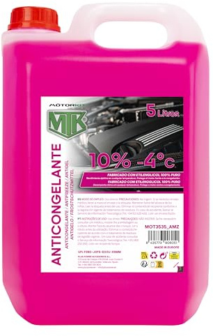 Motorkit MTK Anticongelante Refrigerante Rosa 5 L, –4°C, Uso Directo, 10%, 100% Etilenglicol Puro, Protección del Motor Frente a la Congelación y el Sobrecalentamiento