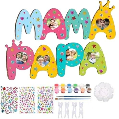 RUINUVYS DIY Holz Bilderrahmen für Mama und Papa, personalisierte Bastelrahmen, 18-teiliges Set mit Farben, Stiften, Aufklebern, 2 Holzrahmen für kreative Geschenke, Muttertag und Vatertag