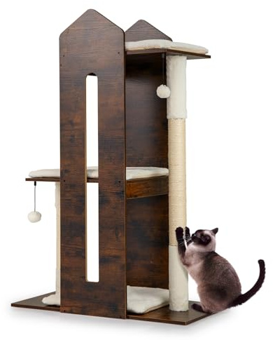 GOPLUS Arbre a Chat XXL à 3 Niveaux, Hauteur 120CM, Arbre à Chat Maine Coon en Bois avec 3 Plateform, Poteaux à Griffer en Sisal, Coussin en Peluche Amovible et Lavable, 2 Balle Suspendu, pour Grimper
