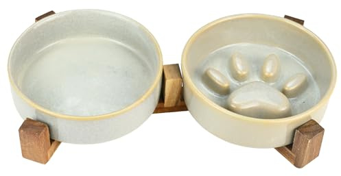 Raised Double Bowls Set with Wooden Stand - 450ML Ceramic Dog Bowl Cute Paw Print Design Elevated Food & Water Bowls with Non-Slip Base for Breed Dogs, Cats, Kitty, Weighted Dog Dishes Pet Bowls
