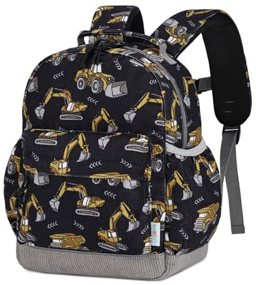 VASCHY Kindergartenrucksack Cord für Jungen 2-4 Jahre, Kinder Rucksack Schulranzen Leicht Wanderrucksack Schulrucksack mit Brustgurt für Kita,Reisen,Alltag,Dunkelgrauer Bagger