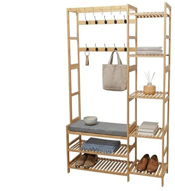 Relaxdays Garderobenständer, Sitzbank, Schuhablage, 15 Haken, natur | 5 Ablagen, 175x104x30 cm, Bambus, Kleiderständer