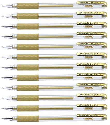 Pentel 0.8mm Tip Hybrid Gel Metallic Comfortable Finger Grip Ink Pen - Gold 12 pack
