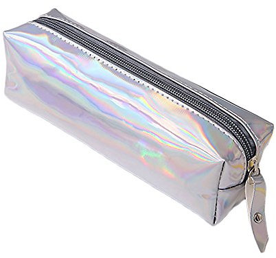 DUBENS Make Up Beutel Pinseltasche Schule Mäppchen Stifttasche Hologramm-Federmäppchen mit Reißverschluss, Bonbonfarbenes Laser-durchsichtig Kosmetiktasche Tüte Kulturbeutel (Silber)