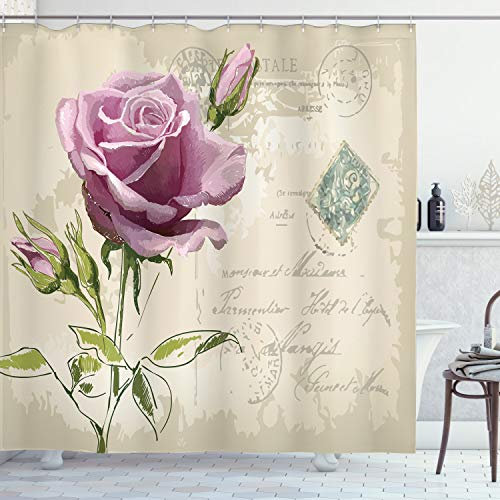 ABAKUHAUS Rose Rideau de Douche, Vintage délicat, Ensemble de décoration de Salle de Bain en Tissu avec Crochets, 175 x 200 cm, Tan Pale Pink Green